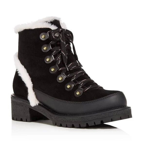 $550 TORY BURCH Cooper Suede Sheep Fur Lace Up Booties BLACK 6 (MG25) - Picture 1 of 8